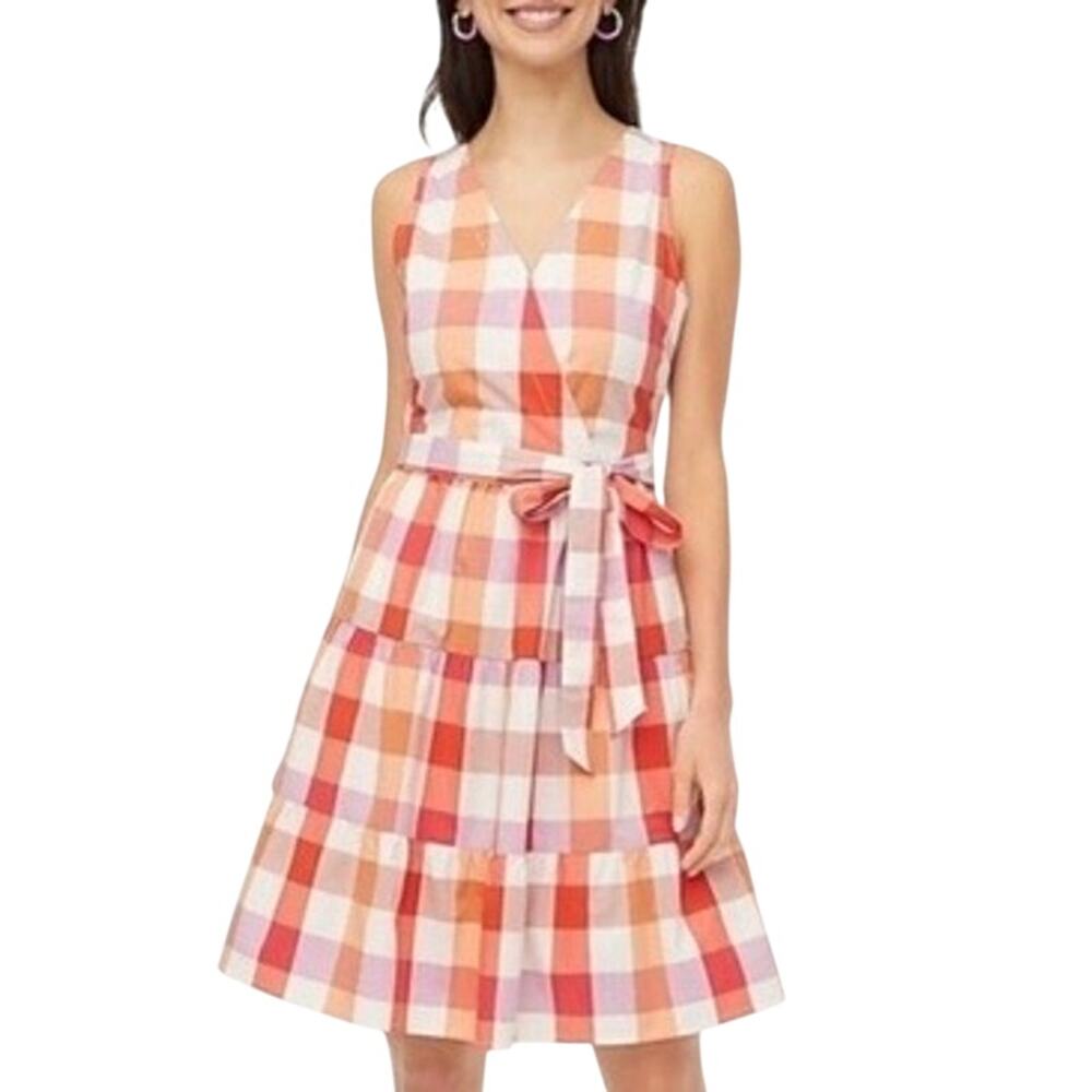 JCrew Faux Wrap Orange Purple Plaid Sleeveless Belted Preppy Mini Dress Size 6